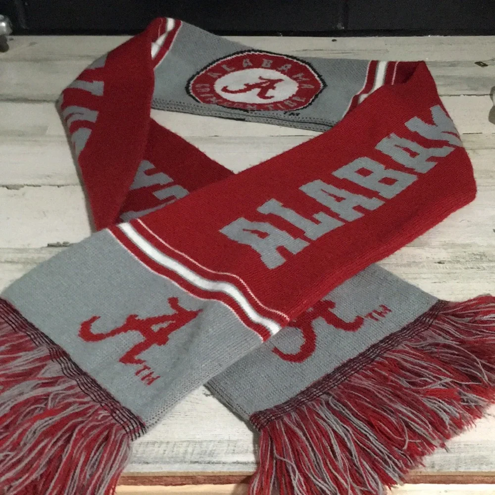 Alabama Crimson Tide red gray white scarf with tassels